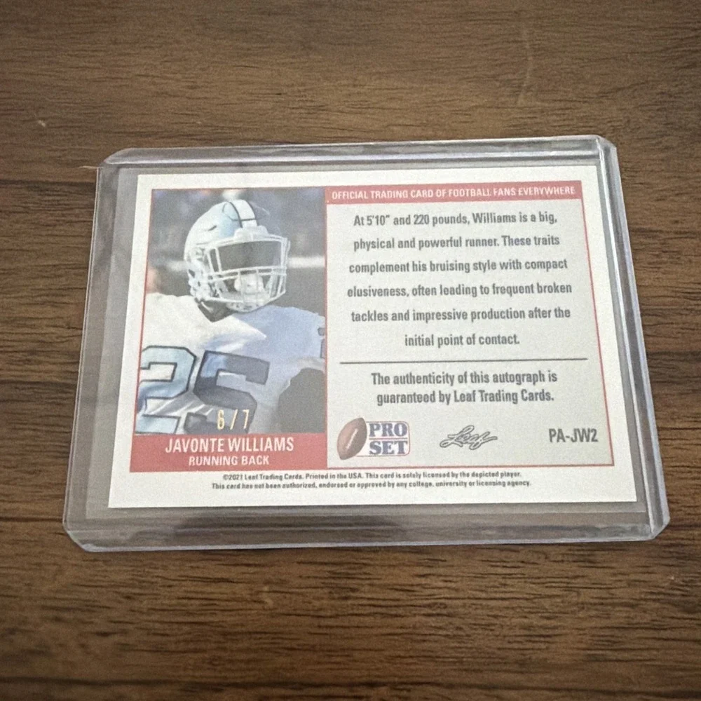 2021 Leaf Pro Set‎ Metal Javonte Williams rookie autographed card. 6/7